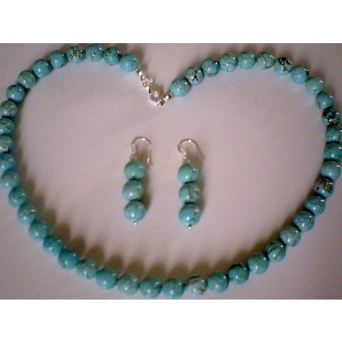 NATURAL 8MM TURQUOISE BEADS & 925 STERLING SILVER SET