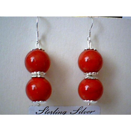 NATURAL 10MM RED CORAL & 925 STERLING SILVER EARRING