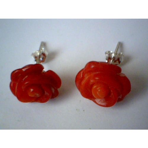 RED ROSE CORAL & 925 STERLING SILVER EARRING STUD 10MM