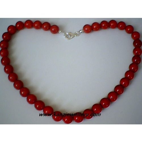 GENUINE 10MM RED CORAL / 925 STERLING SILVER NECKLACE