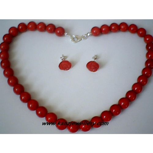 NATURAL RED CORAL & 925 SILVER SET NECKLACE & EARRINGS