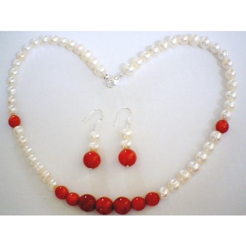 SUPERB NATURAL FW PEARL & CORAL & 925 STERLING SILVER SET