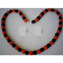 EXCELLENT QUALITY 8MM BLACK AGATE & RED CORAL NECKLACE