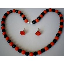 GENUINE RED CORAL & BLACK AGATE SET NECKLACE & EARRING